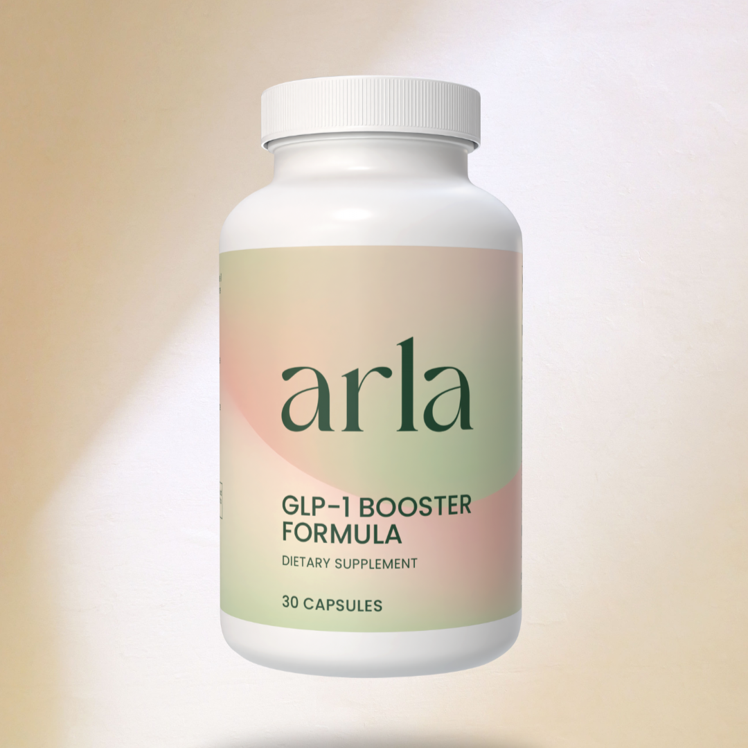Arla GLP-1 booster upplement bottle on a beige background with shadow effect