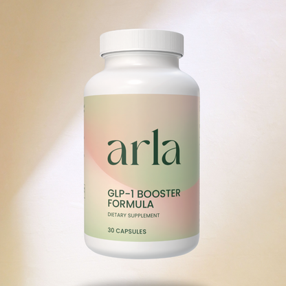 Arla GLP-1 booster upplement bottle on a beige background with shadow effect