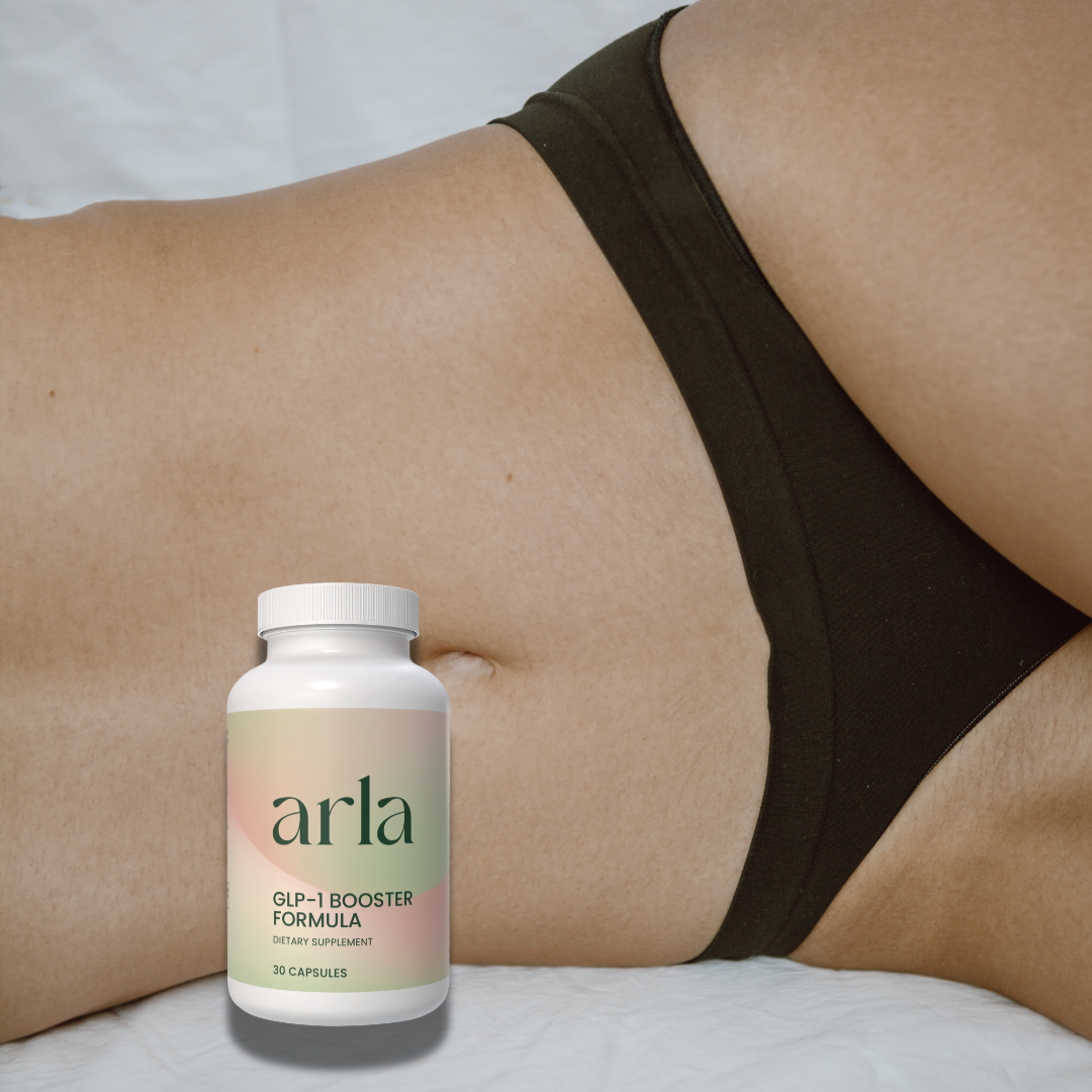 Arla supplement bottle on a person's leg with a white background